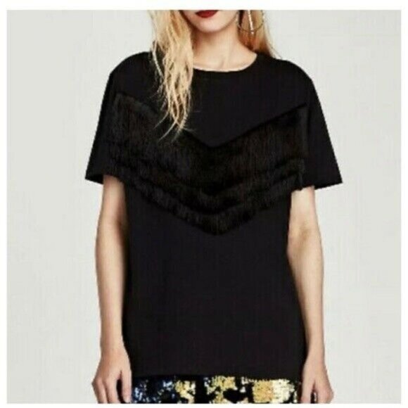 Zara TRAFALUC Fringe Top Black Size Small S - Picture 1 of 8